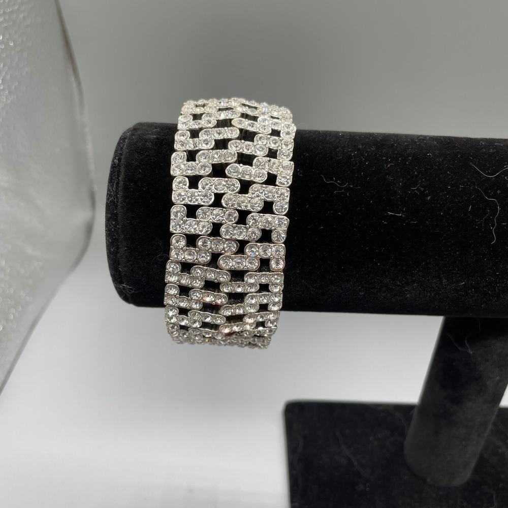 Vintage Silver Tone Clear Rhinestone 5 Row Interlocking Stretch Cuff Bracelet